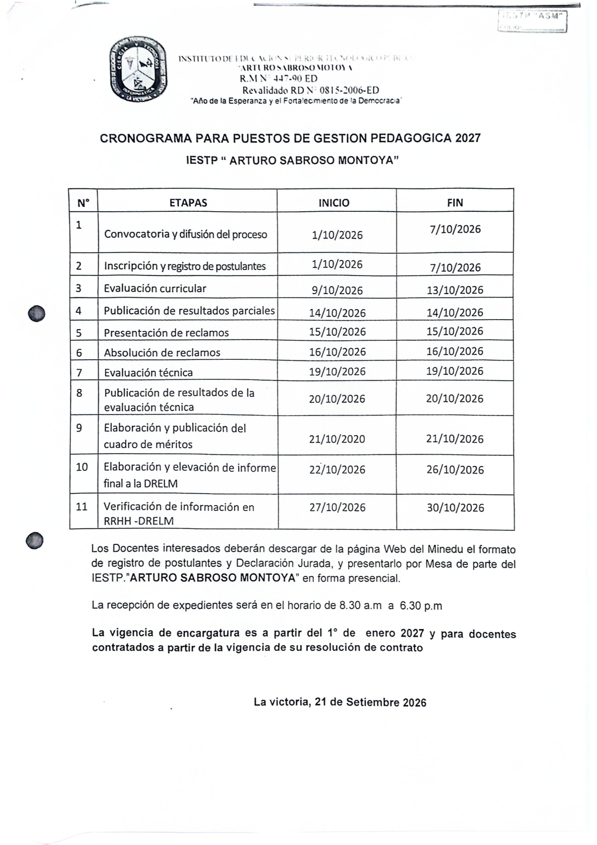 CRONOGRAMA Y CARGOS PARA LA ENCARGATURA DE PUESTO O FUNCIONES DE GESION PEDAGOGICA EN EL IESTP «ASM» PARA EL 2027